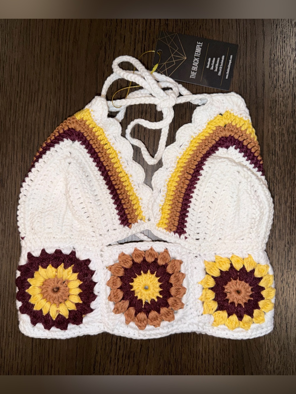 NWT Small The Black Temple White Crochet Top with Yellow Floral Accents